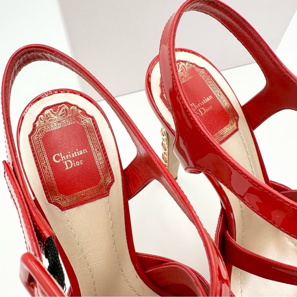 Dior Metal Cannage Strappy Peep Toe Heels Red Patent Leather - Picture 6 of 16